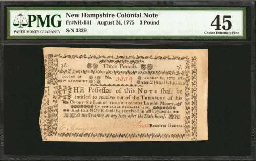 NH-141. New Hampshire. December 20, 1777. 3 Pounds. PMG Choice Extremely Fine 45.