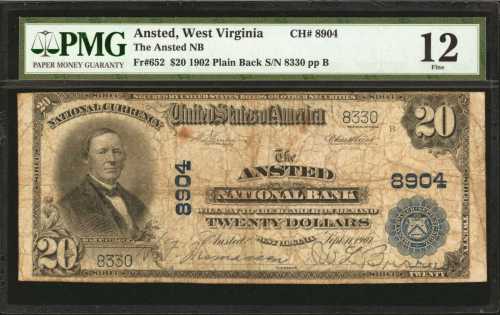 Ansted, West Virginia. $20 1902 Plain Back. Fr. 652. The Ansted NB. Charter #8904. PMG Fine 12.