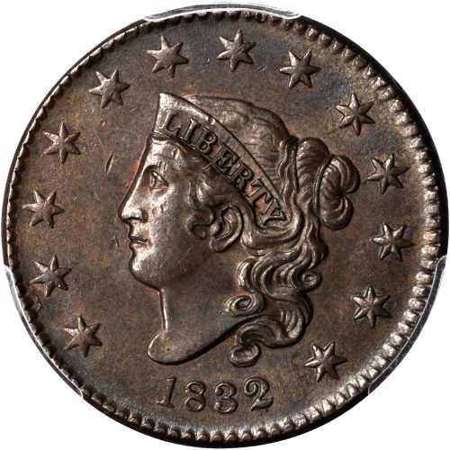 1832 Matron Head Cent. N-3. Rarity-1. Large Letters. MS-62 BN (PCGS). Gold Shield Holder.