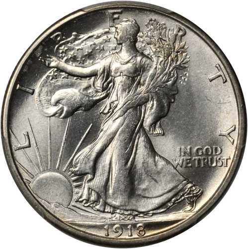 1918-S Walking Liberty Half Dollar. MS-64+ (PCGS). Gold Shield Holder.