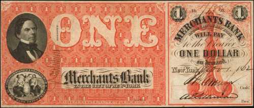 New York, New York. Merchants Bank in the City of New York. November 1, 1862. $1. About Uncirculated