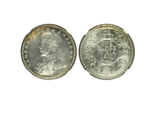 1911(B)年英属印度1卢比银币，NGC MS63