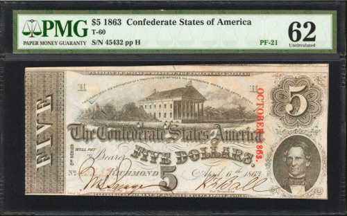 T-60. Confederate Currency. 1863 $5. Hammer Cut Cancelled. PMG Uncirculated 62.