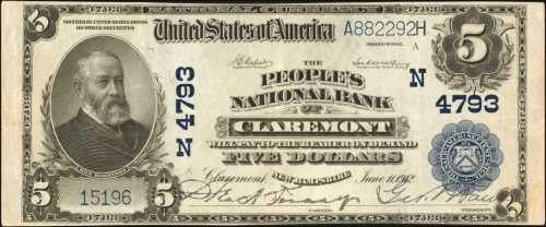 Claremont, New Hampshire. $5 1902 Plain Back. Fr. 602. The Peoples NB. Charter #4793. Choice Very Fi