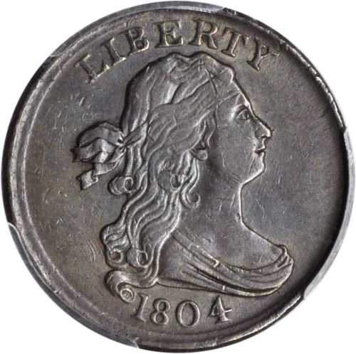 1804 Draped Bust Half Cent. C-13. Rarity-1. Plain 4, Stemless Wreath. AU-50 (PCGS).