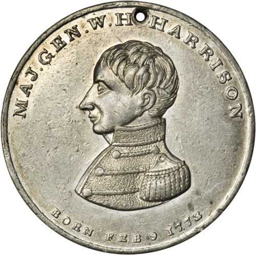1840 William Henry Harrison. DeWitt-WHH 1840-12. White metal. 36.8 mm. Extremely Fine, pierced.