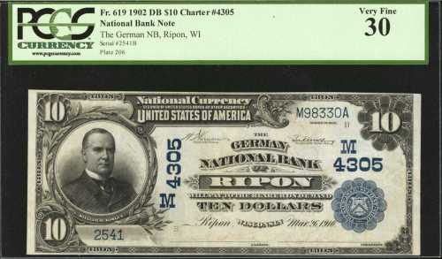 Ripon, Wisconsin. $10 1902 Date Back. Fr. 619. The German NB. Charter #4305. PCGS Very Fine 30.