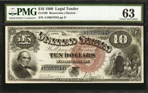 Fr. 108. 1880 $10 Legal Tender Note. PMG Choice Uncirculated 63.