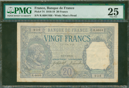 1918年法国银行20法郎，编号R.4684 936, PMG 25，少见品种