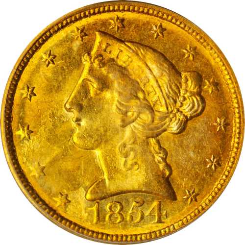 1854-C Liberty Head Half Eagle. Winter-2. Weak C. MS-63 (PCGS).