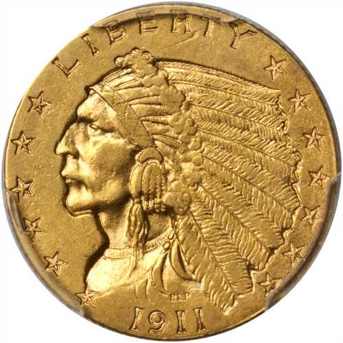 1911-D Indian Quarter Eagle. Strong D. AU-53 (PCGS).