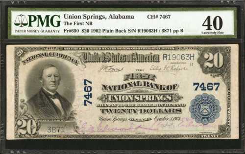 Union Springs, Alabama. $20 1902 Plain Back. Fr. 650. The First NB. Charter #7467. PMG Extremely Fin