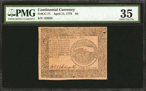 CC-71. Continental Currency. April 11, 1778. $4. PMG Choice Very Fine 35.