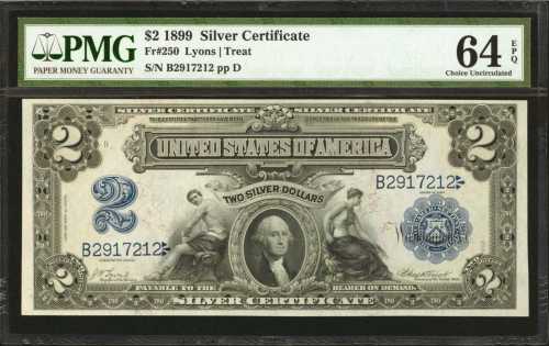 Fr. 250. 1899 $2 Silver Certificate. PMG Choice Uncirculated 64 EPQ.
