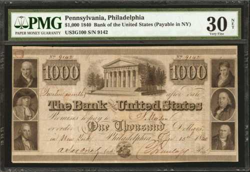 Philadelphia, Pennsylvania. December 14, 1840. $1000. PMG Very Fine 30 Net. Foreign Substance.