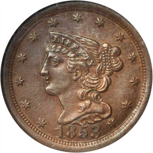 1853 Braided Hair Half Cent. C-1, the only known dies. Rarity-1. AU-58 BN (NGC). CAC.