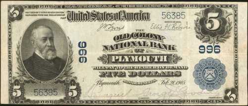 Plymouth, Massachusetts. $5 1902 Plain Back. Fr. 598. The Old Colony NB. Charter #996. Very Fine.