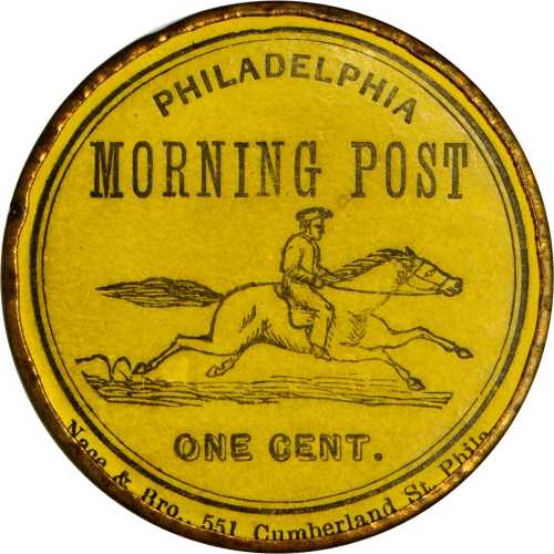 Pennsylvania, Philadelphia. 1868 Philadelphia Morning Post. Bowers PA-4020. Gilt brass. 39 mm. Mint 