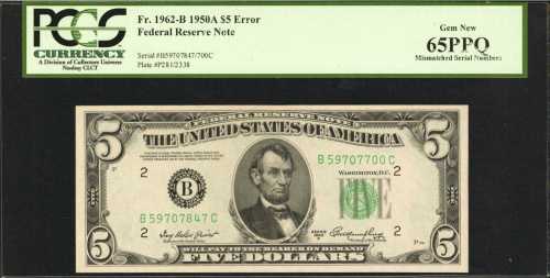 Fr. 1962-B. 1950A $5 Federal Reserve Note. New York. PCGS Gem New 65 PPQ. Mismatched Serial Numbers.