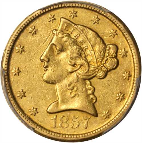 1857-D Liberty Head Half Eagle. AU-55 (PCGS).