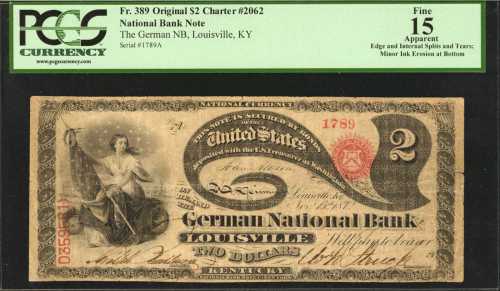 Louisville, Kentucky. $2 Original. Fr. 389. The German NB. Charter #2062. PCGS Fine 15 Apparent. Edg