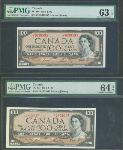 1954年加拿大银行100元一对，编号C/J 3030595 及 C/J 2752017,分别评 PMG64EPQ及PMG63EPQ