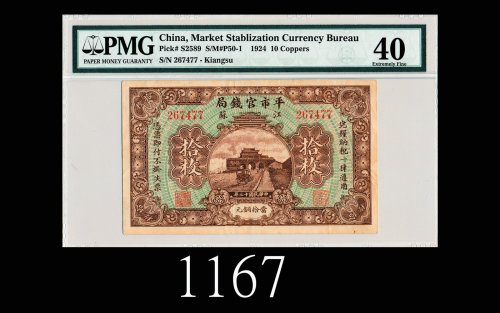 民国十三年江苏平市官钱局铜元拾枚，少见1924 Kiangsu Market Stablization Currency Bureau 10 Copper Coins, s/n 267477. Rar