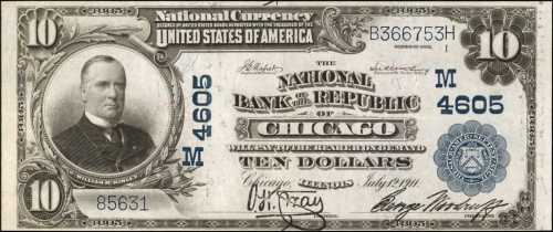 Chicago, Illinois. $10 1902 Plain Back. Fr. 628. The NB of the Republic. Charter #4605. Extremely Fi