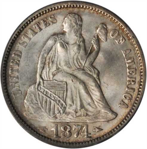 1874 Liberty Seated Dime. Arrows. MS-65 (PCGS). CAC.