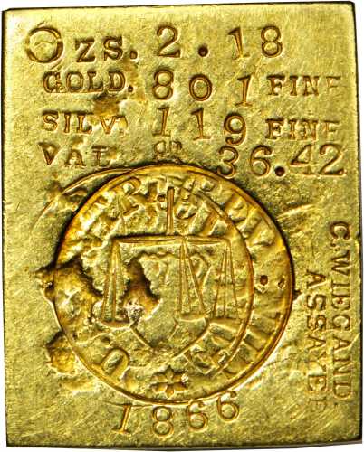 Nevada--Gold Hill, Virginia City. 1866 Conrad Wiegand, Assayer Gold & Silver Assay Ingot. 35.5 x 28.