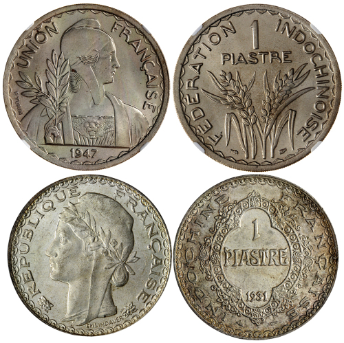 法属安南1931年1元银币及1947年镍制1元，分别评NNC MS64及NGC MS65, 一对获高评级的钱币