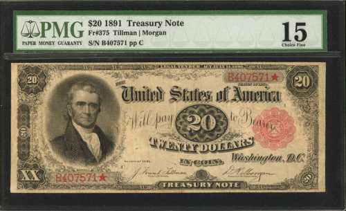 Fr. 375. 1891 $20 Treasury Note. PMG Choice Fine 15.