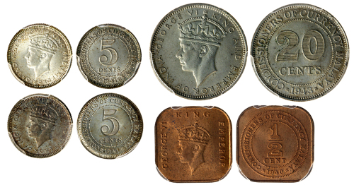 马来亚辅币4枚一组，包括1940年半分，1941及1941-I 10分及1943年20分，分别评PCGS MS65RD, PCGS MS65, MS63及AU58