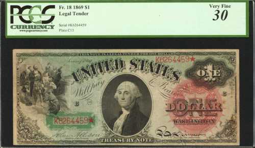 Fr. 18. 1869 $1 Legal Tender Note. PCGS Very Fine 30.