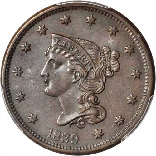 1839 Braided Hair Cent. Braided Hair (a.k.a. Type of 1840). N-8. Rarity-1. AU-55 (PCGS).