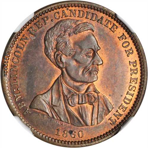 1860 Abraham Lincoln. DeWitt-AL 1860-51. Copper. 27 mm. MS-65 RB (NGC).