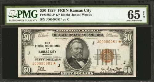 Fr. 1880-J*. 1929 $50 Federal Reserve Bank Star Note. Kansas City. PMG Gem Uncirculated 65 EPQ.