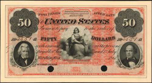 Fr. 202a (W-2600). 1861 $50 Interest Bearing Note. PCGS Choice About New 58. Specimen.