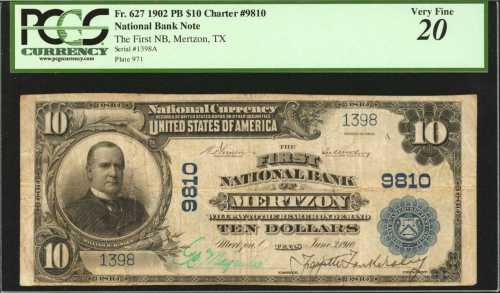 Mertzon, Texas. $10 1902 Plain Back. Fr. 627. The First NB. Charter #9810. PCGS Very Fine 20.