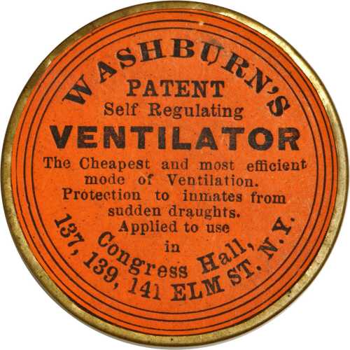 New York, New York. Washburns Patent Self Regulating Ventilator. Bowers NY-8344. Gilt brass. 38 mm. 