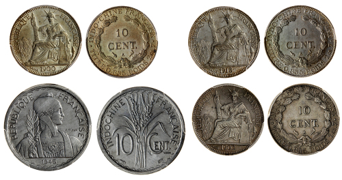 法属安南10分硬币4枚一组，1900A, 1902A, 1913A及1945年，分别评PCGS AU58, AU Details有清洗, MS64及MS65