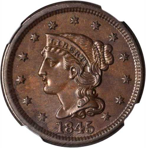 1845 Braided Hair Cent. N-13. Rarity-2. MS-63 BN (NGC).