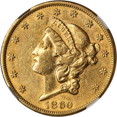 1860 Liberty Head Double Eagle. AU-50 (NGC).