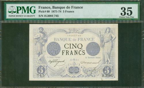1873年法国银行5法郎，编号H.3084 745, PMG 35，1873年法国银行5法郎，编号H.3084 745, PMG 35，罕见年份