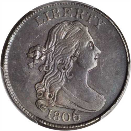 1806 Draped Bust Half Cent. C-4. Rarity-1. Large 6, Stems to Wreath. AU-53 (PCGS).