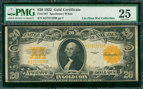 1922年美国20金元券，编号K57313598，PMG25