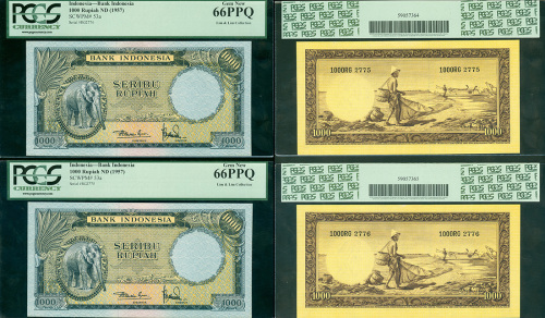 1957年印度尼西亚银行1000盾连号一对，编号RG2775-76，均评, PCGS Currency 66PPQ,源出 Lim & Lim集藏