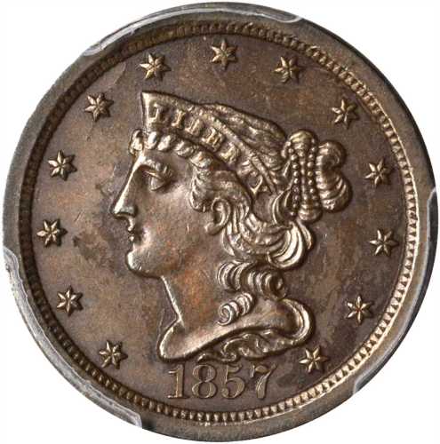 1857 Braided Hair Half Cent. C-1, the only known dies. Rarity-2. MS-61 BN (PCGS).