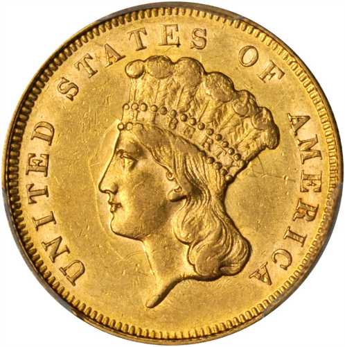 1863 Three-Dollar Gold Piece. AU-58 (PCGS).