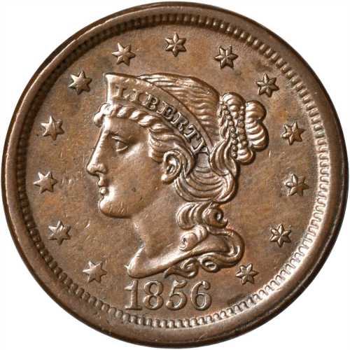1856 Braided Hair Cent. N-13. Rarity-1. Slanting 5. AU-55.